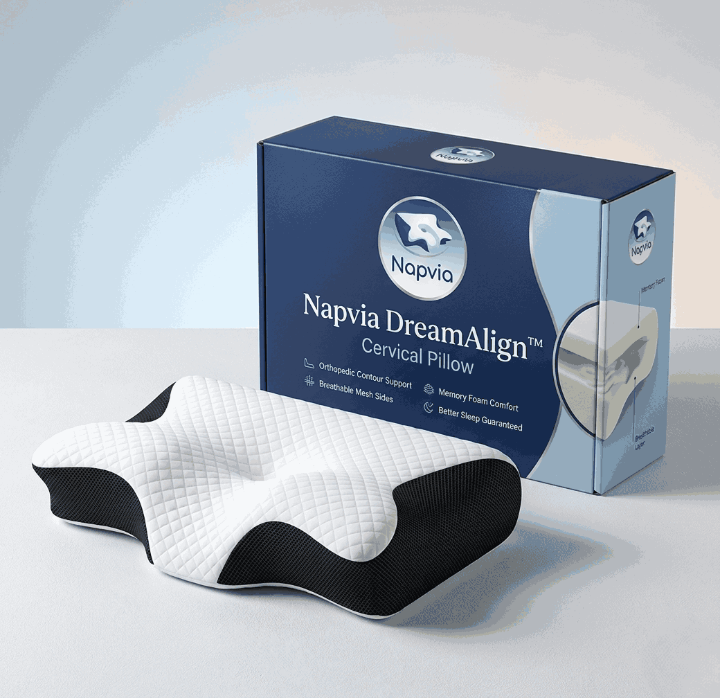 Napvia DreamAlign cervical pillow with packaging on a light gray background
