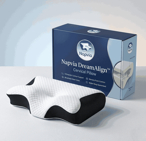 Napvia DreamAlign cervical pillow with packaging on a light gray background