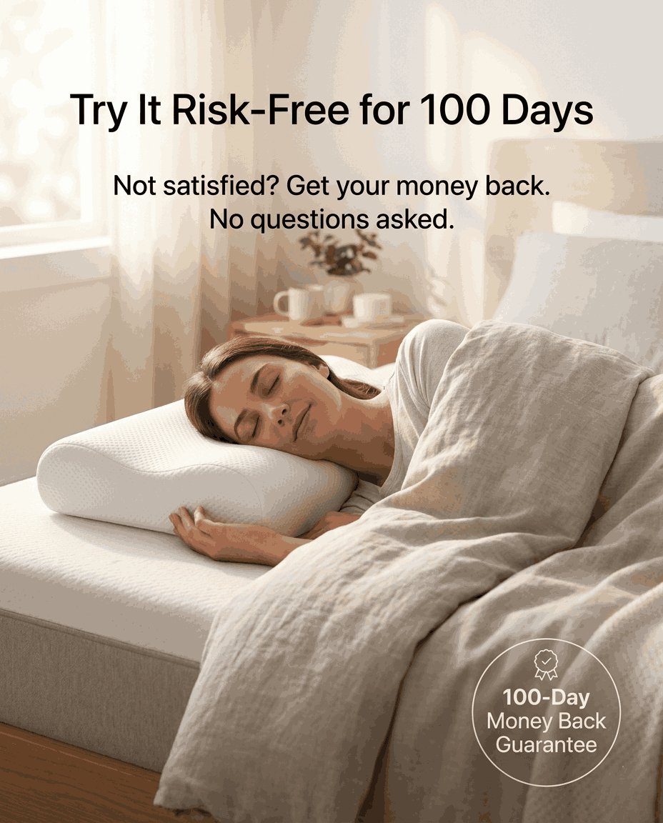 Woman sleeping on a bed with a pillow, promotional text for a 100-day money-back guarantee.