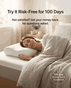 Woman sleeping on a bed with a pillow, promotional text for a 100-day money-back guarantee.